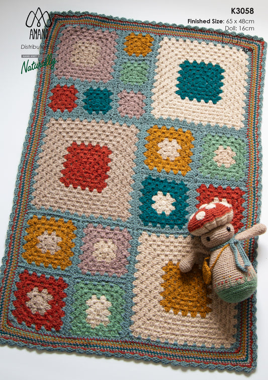 Pattern - Blanket - Crochet 4ply - Duna Granny Square Pram Blanket and Mushroom Doll